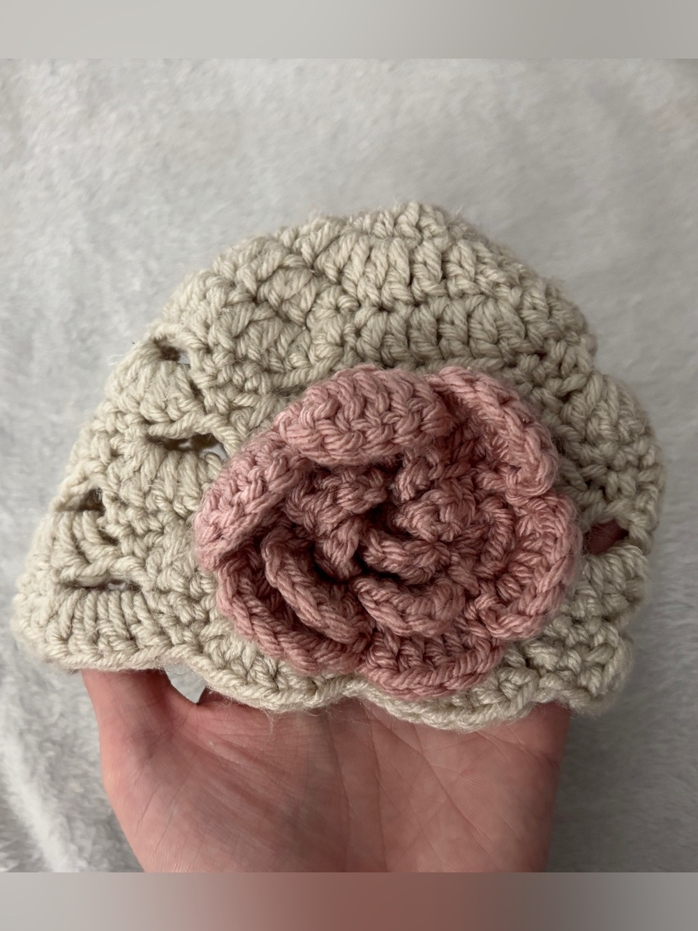 Crochet Cream Baby Hat with Pink Flower Accent